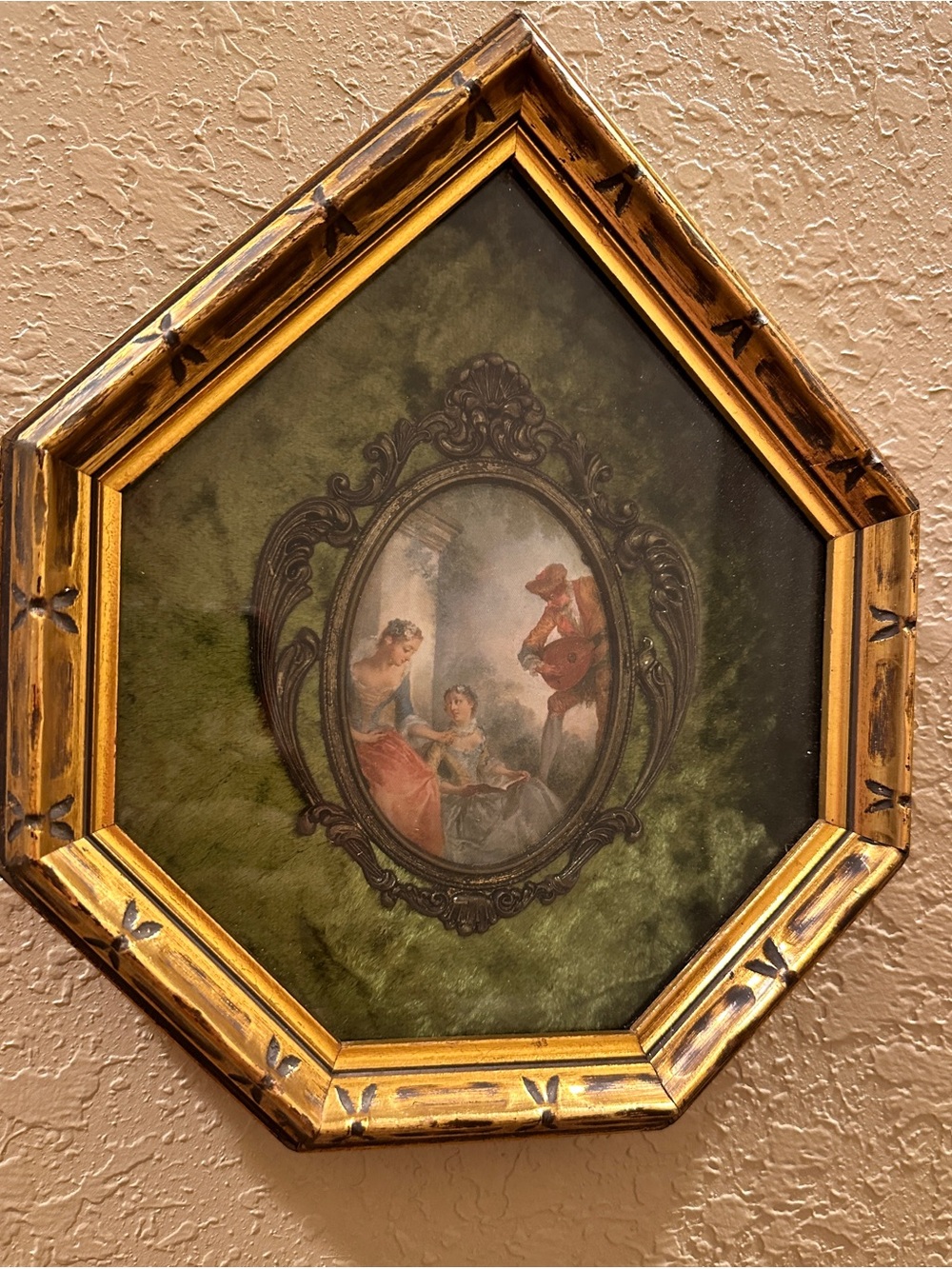Vintage Italian Florentine-style framed wall plaque featuring a pastoral courtin